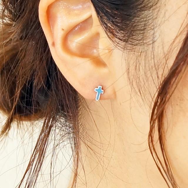シルバーピアス シルバー925 クロス 十字架 ブルー 青 小さめ 小ぶり