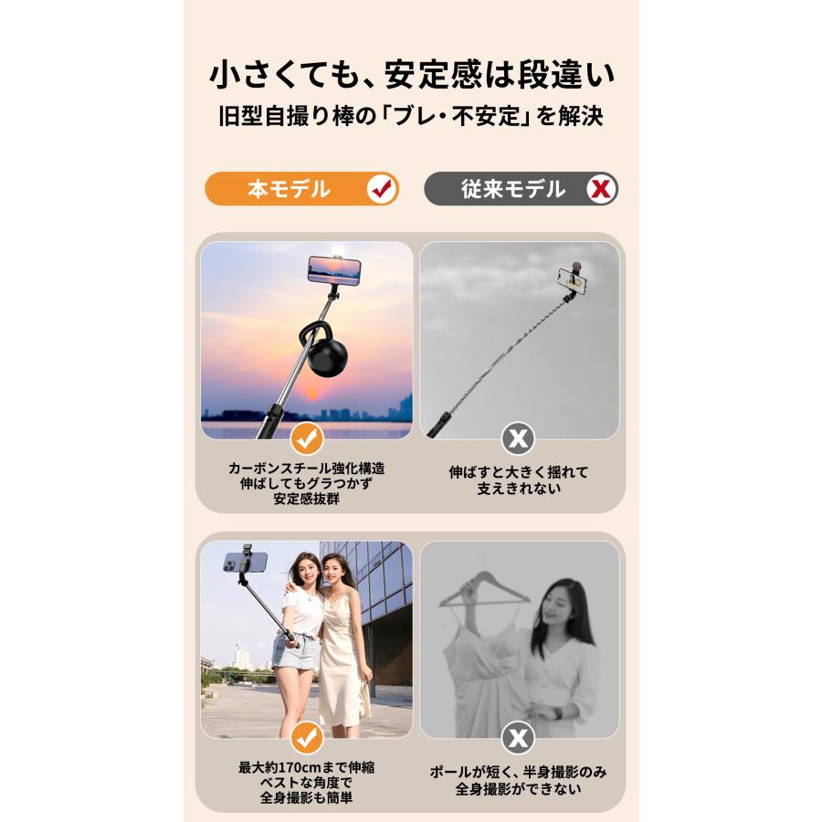 自撮り棒 三脚付き LEDライト 7段階伸縮 170cm セルカ棒 リモコン付