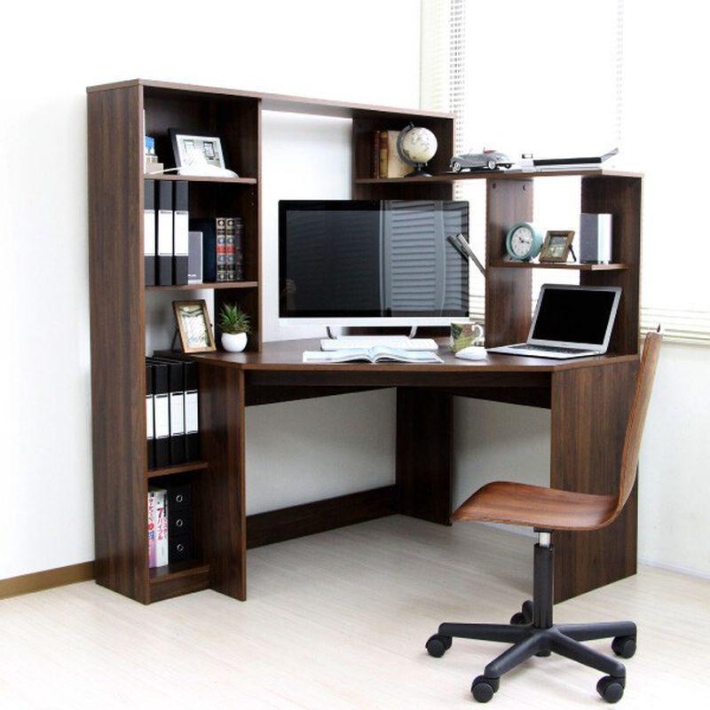 パソコンデスク コーナー ハイタイプ 書棚付き ダークブラウン 北欧風