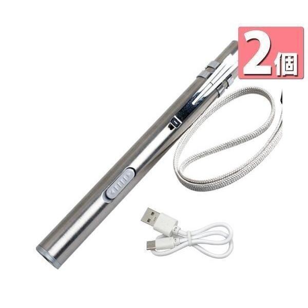 2個セット ペンライト LED コンパクト 軽量 小型 充電式 USB 明るい 懐中電灯 防災 シルバー ((S