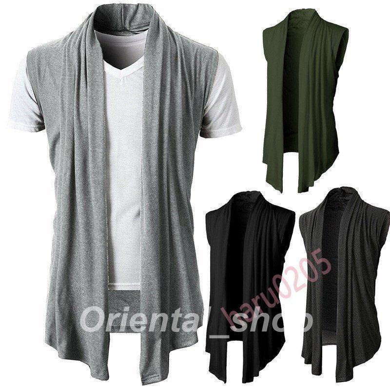 売上実績no 1 トップス お役立ち袖なしカーディガン 雰囲気のあるドレープ カーディガン メンズ ベスト 夏 ボタンレス ノースリーブ ロング カーディガン 袖無し ボタンなし 無地 黒 グレー グリーン 羽織 薄手 冷房対策 Ism Com Ge