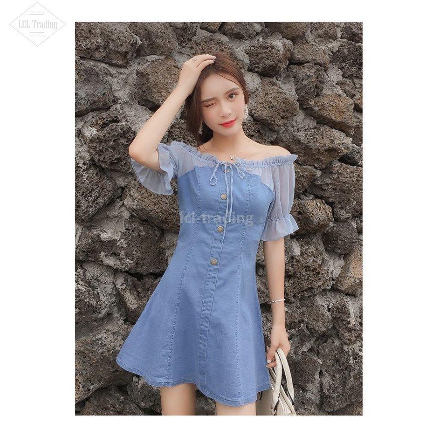 春のコレクション レディース デニムワンピース 夏ワンピース 一字襟 デニム 半袖 ワンピース 通勤 二次会 ウエディング S M L Xl 2xl ワンピース Www We Job Com