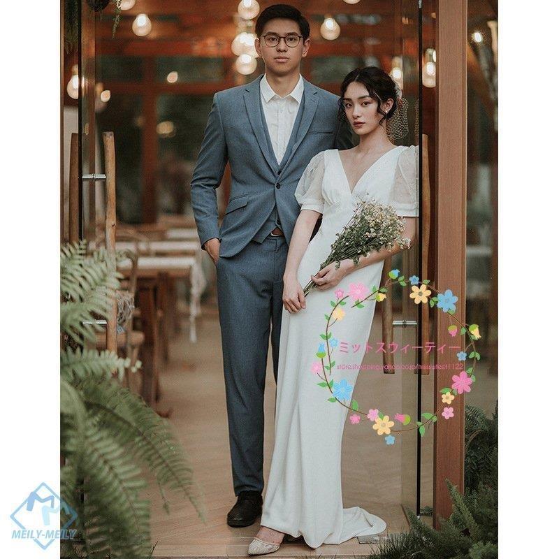 まとめ買いでお得 韓国風 レトロドレス エレガンス ロングドレス パフスリーブ ワンピース 白 花嫁 二次会 フォトウェディング ウェディングドレス 結婚式 ブライダル 披露宴 Aライン Hqpt Com