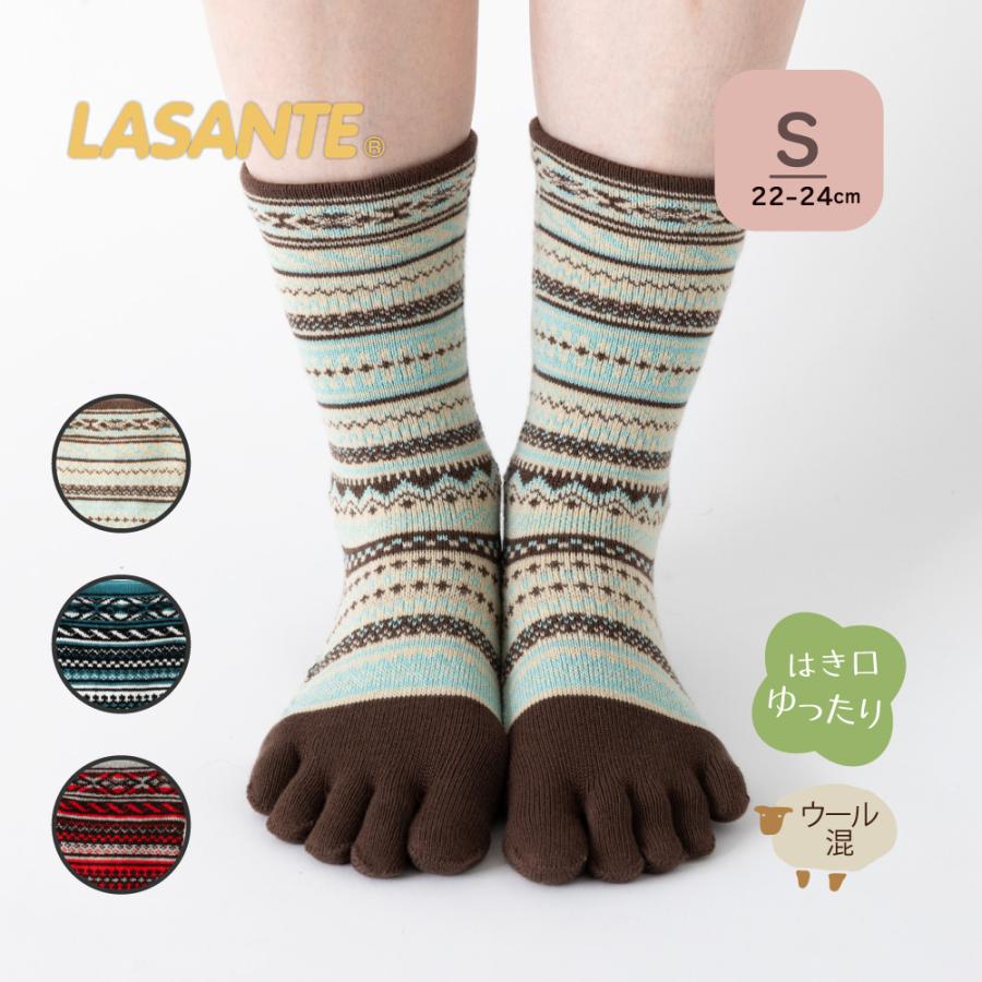 5本指ソックス クルー 22-24cm 中厚 ゆったり 40743 ジャカード ウール混 締め付けない レディース 五本指 靴下 日本製 LASANTE | 