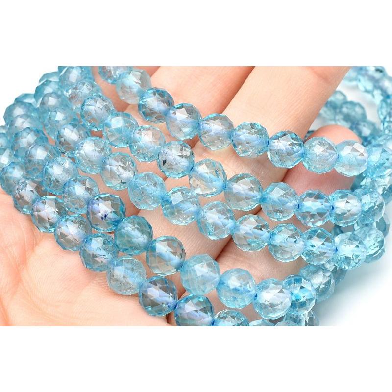 高発色◇キラキラカット ブルートパーズ 6mm 64面カット ブレスレット