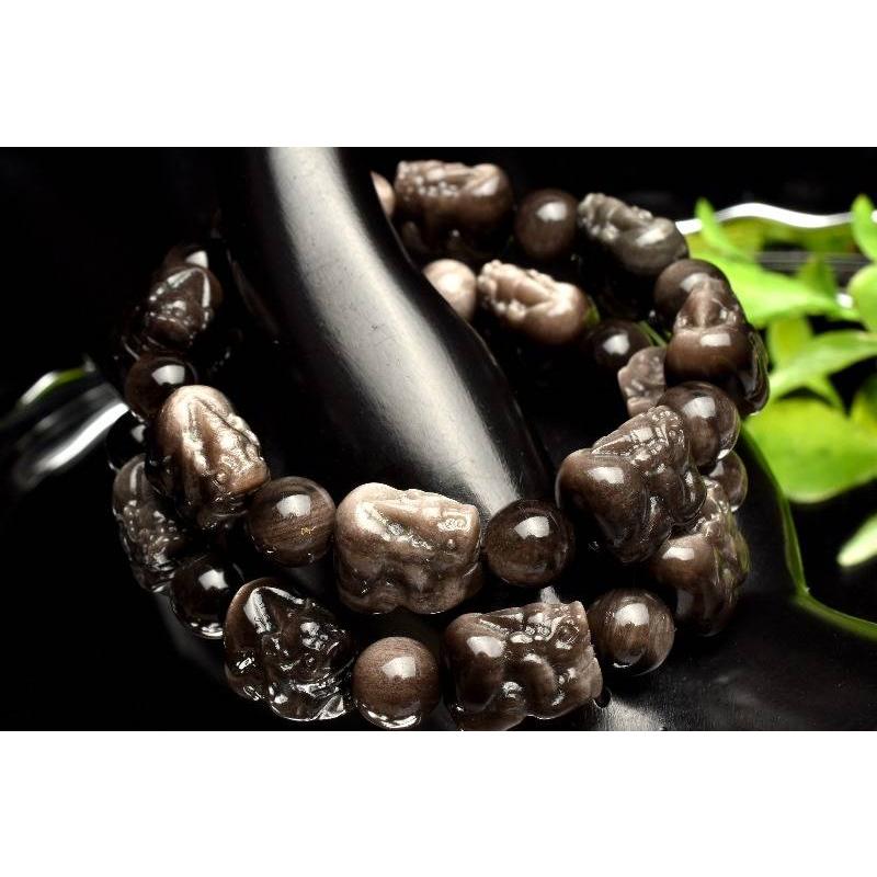 貔貅 ブレスレットシルバーシーンオブシディアン 繊細彫刻 シルバーオブシディアン 13-14x10-11(丸玉8)mm 貔貅
