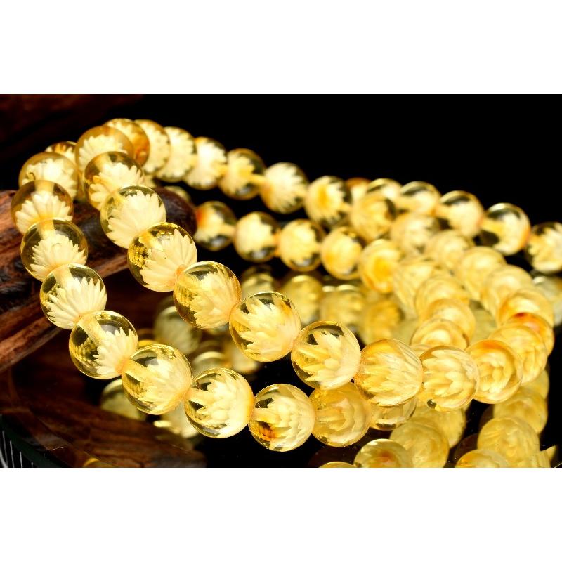 繊細彫刻◇透明 ゴールデンアンバー 黄金琥珀 6mm 睡蓮花内彫