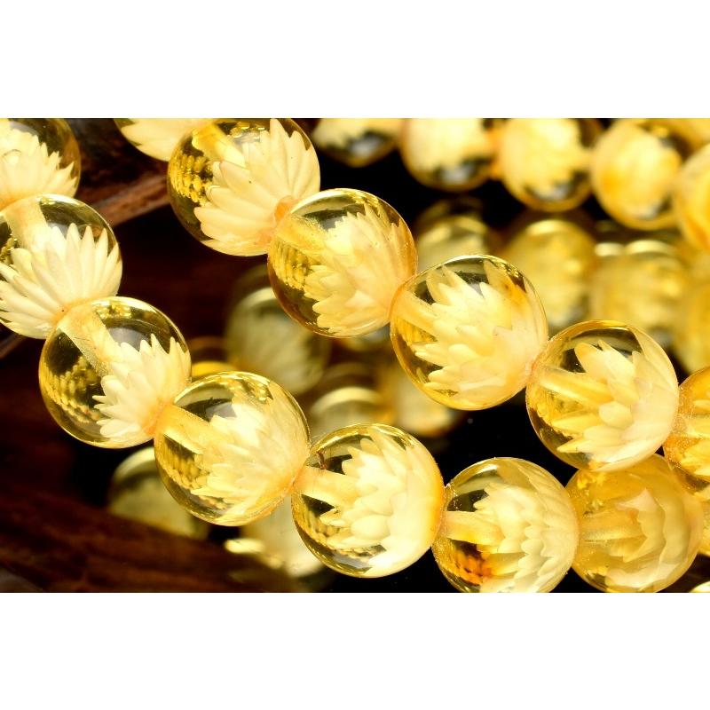 繊細彫刻◇透明 ゴールデンアンバー 黄金琥珀 6mm 睡蓮花内彫