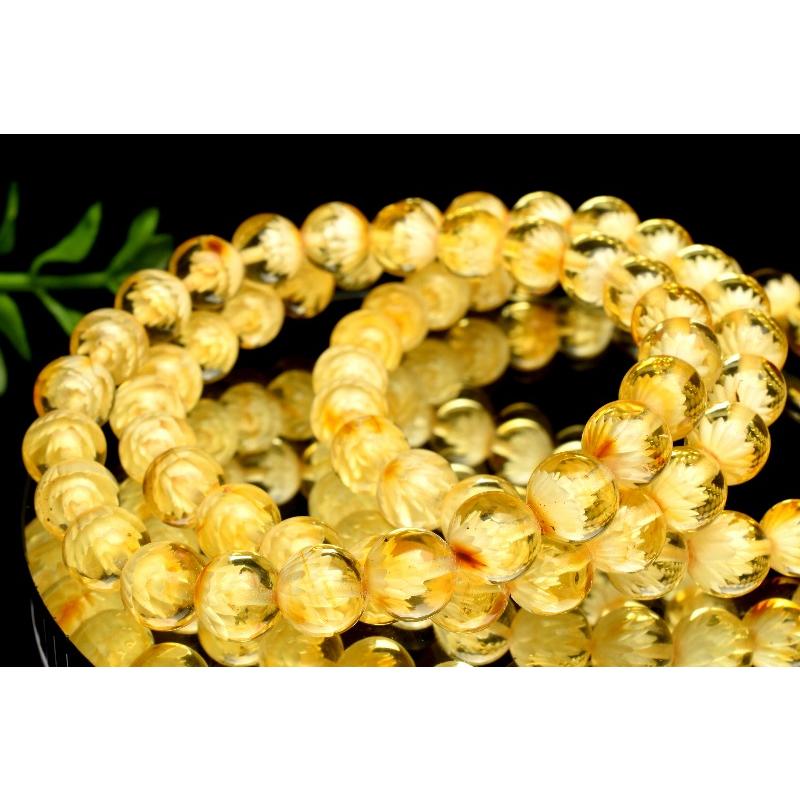 繊細彫刻◇透明 ゴールデンアンバー 黄金琥珀 6mm 睡蓮花内彫