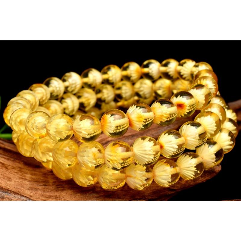 繊細彫刻◇透明 ゴールデンアンバー 黄金琥珀 6mm 睡蓮花内彫