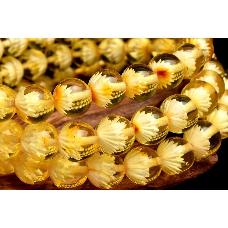 繊細彫刻◇透明 ゴールデンアンバー 黄金琥珀 6mm 睡蓮花内彫