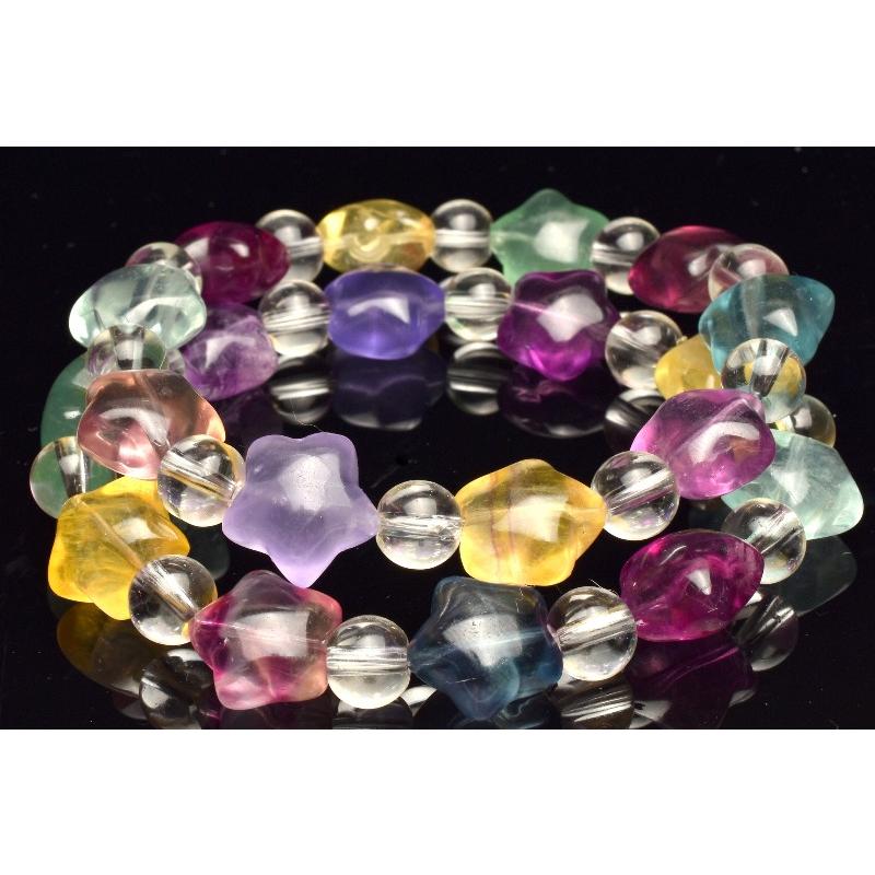 マルチカラー フローライト 13-14x14mm 星彫刻 ブレスレット 1個売り