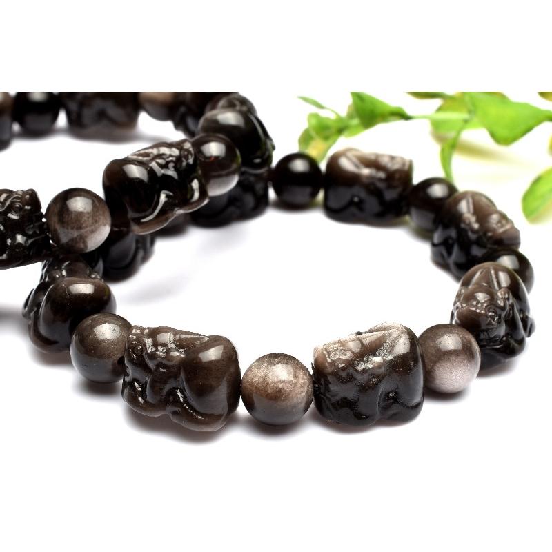 繊細彫刻 シルバーオブシディアン 16x11(丸玉8.5)mm 貔貅彫刻