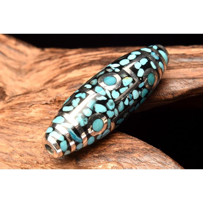 1点物】銀線天珠 ターコイズ 36x11mm 九眼天珠 ビーズ _PC5485