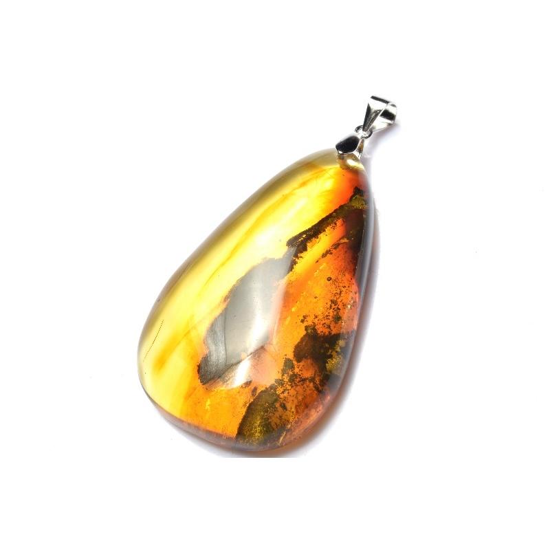 1点物】Silver925◇植物入り アンバー琥珀 44x27mm ドロップ