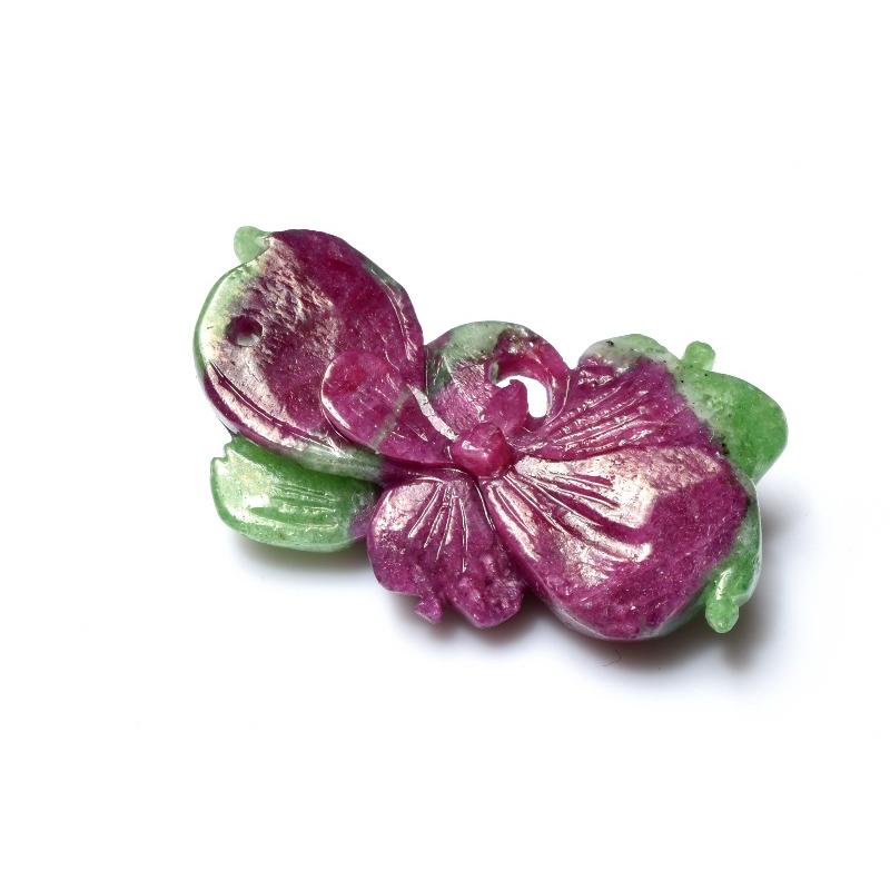 1点物】AAAA☆深紅と翠の調和 ルビーインゾイサイト 33x18mm 花彫刻 