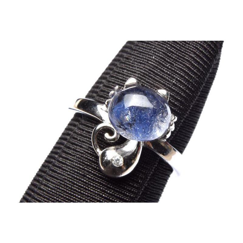 １点物 Silver925 デュモルチェライトインクォーツ 猫モチーフ 連ビーズ 指輪 8x8mm 猫