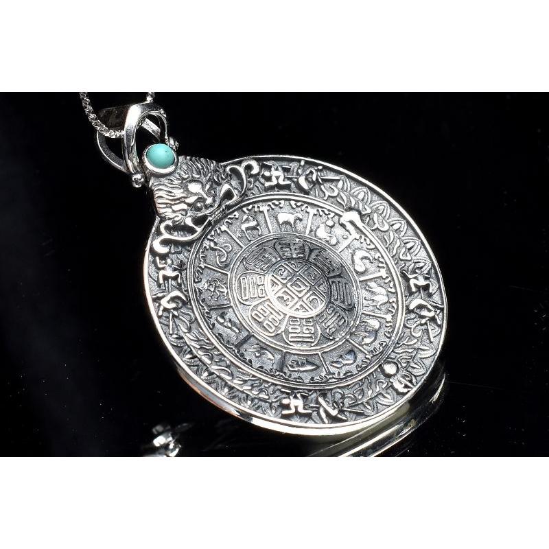 Silver925 ターコイズ　31-32x31-32mm　九宮八卦 八吉祥紋 ナムチュワンデン ペンダントトップ 1個売り _PR3446の画像