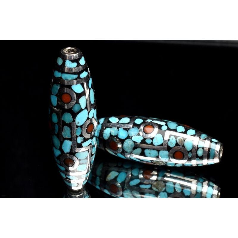 シルバー925 ターコイズ＆赤瑪瑙 35-36x11.5mm 九眼天珠 ビーズ 1個