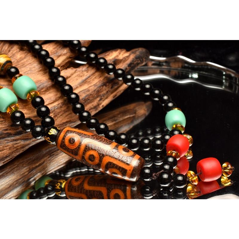 お守りに 九眼天珠 6(丸玉39x13)mm 瑪瑙オニキス ネックレス 1個売り