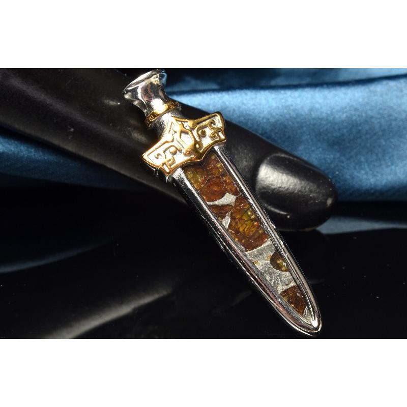 Silver925 ギベオン＆パラサイト隕石 51x15mm 剣 レインボーカラー
