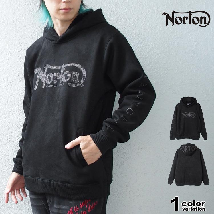 ノートン パーカー プルオーバー NORTON 撥水 裏ボア モイスト スウェード ラメ刺繍 プルパーカー 大きいサイズ ブラック バイカー M-2XL [253N1303B] ノートン（NORTON） パーカー プルオーバー 撥水 裏ボア モイスト
