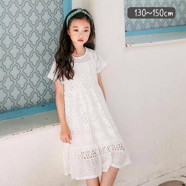 130 ジュニア キッズ こども服 子ども服 可愛い かわいい 小学生 おしゃれ レース ナチュラル 半袖 ワンピース 女の子