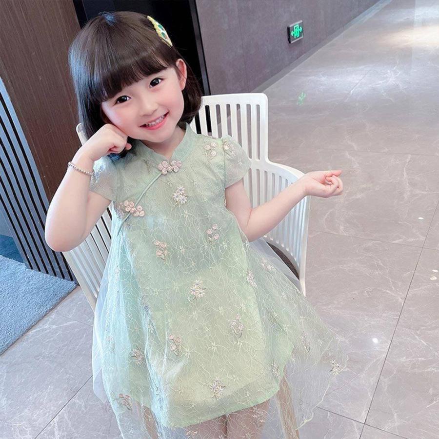 正規品販売 着物 セレモニードレス 1歳 2歳 3歳 4歳 5歳 6歳 7歳 8歳 9歳 10歳 子供服 女の子 チャイナドレス ワンピース ミドル丈 チャイナ服 半袖 コスプレ 撮影 80 90 100 110 1 130 緑 桃色 グリーン ピンク 夏 中国服