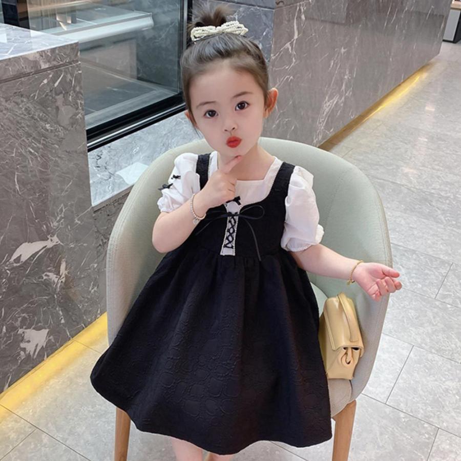 ワンピース キッズ 半袖 夏 パフスリーブ 白 黒 モノトーン 90 100 110 1 130 膝丈 ミディ丈 ドッキングワンピース 女の子 無地 リボン ロリータ K 子供服のお店 男の子女の子shop 通販 Yahoo ショッピング