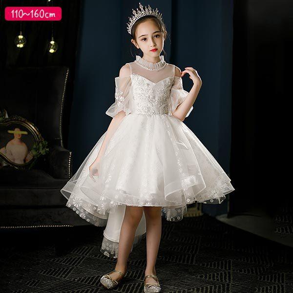 ドレス 礼服 白 礼服 ベビー キッズ マタニティ 子供 小学生 中学生 女の子 ホワイト 結婚式 フラワーガール リングガール アシンメトリー ホワイト フィッシュテール レース袖 衣装 ミディ丈 子供服のお店 男の子女の子shop K ミドル丈 安い正規品