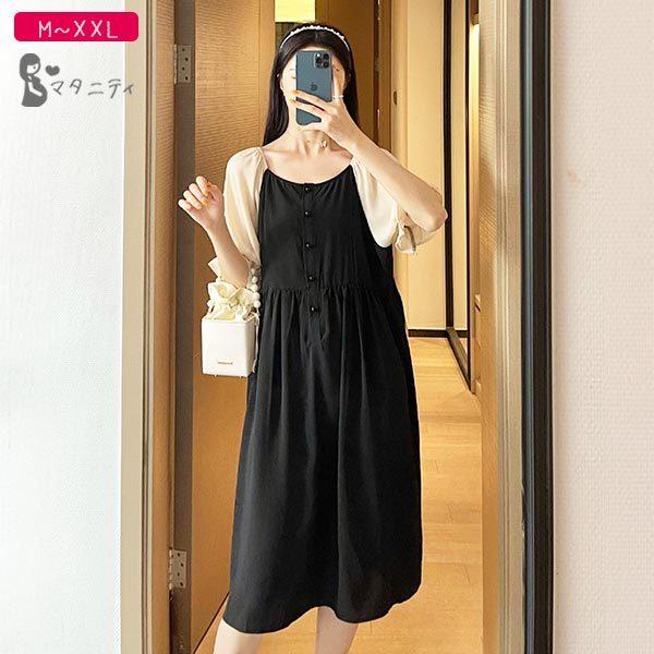 保障できる マタニティ ワンピース 半袖 パフスリーブ 夏服 膝丈 オフィス ビジネス 仕事 ゆったり 楽々 快適 ブラック 黒 シンプル 無地 バイカラー ナチュラル 夏 薄手 Democracia Tv