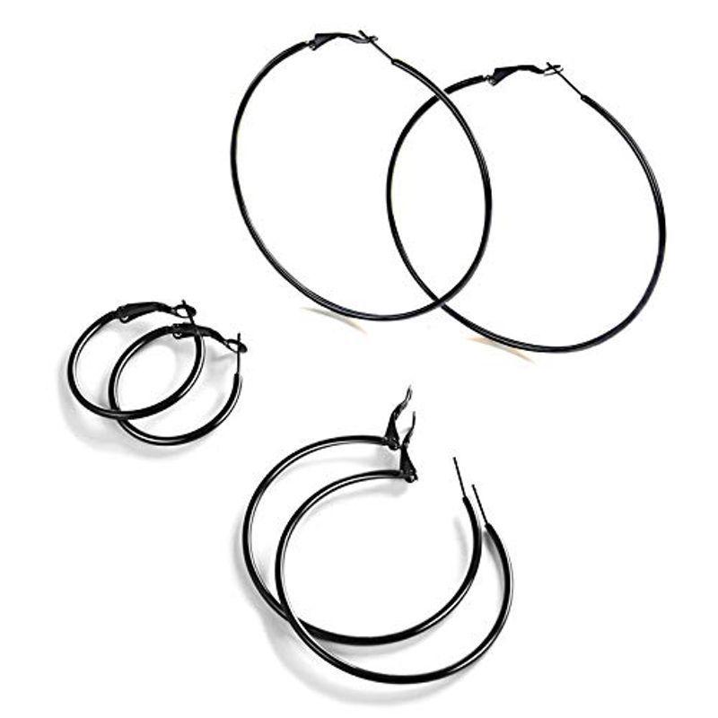 Focalook ステンレス フープピアス レディース 70mm 50mm 30mm 3ペア セット 黒 リングピアス アクセサリー H6b66moa66 レディースアクセサリー Kccc Uk
