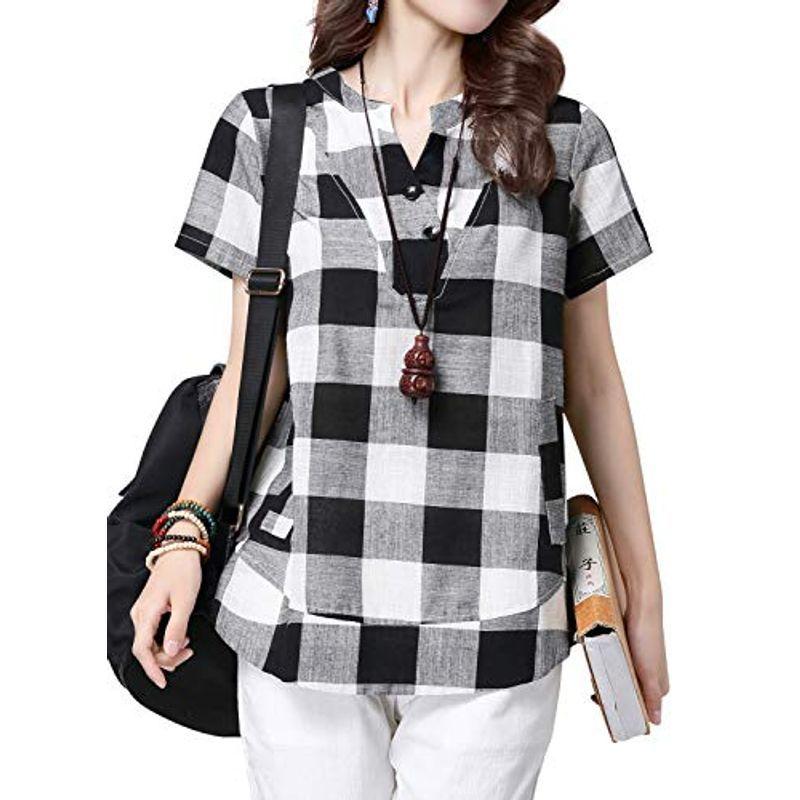 レディース 夏 ギンガムチェック シャツブラウス 黒 格子柄 韓国風 カジュアル シャツ 半袖 大きいサイズ チュニック トップス Upbjosnops ファッション Www Velver Hu