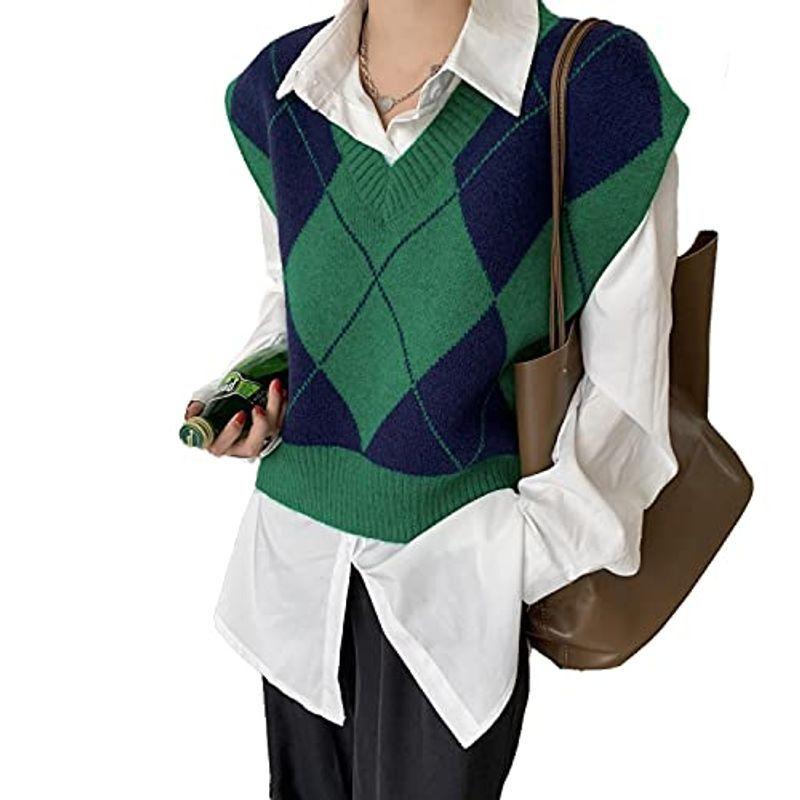 Change Well ファッション Vネック チョッキ 格子柄 90 以上節約 ニット ベスト Fr 冬 韓国 レディース グリーン 春 秋 セーター
