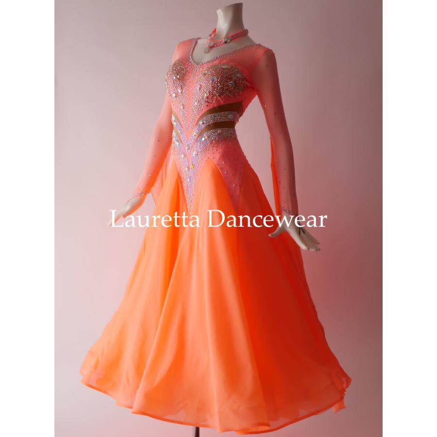 新品★ダンスドレス★スタンダード★社交ダンス★競技会★パーティー★オレンジレッド Lauretta Dancewear 社交ダンスドレス衣装 スタンダード モダン 競技