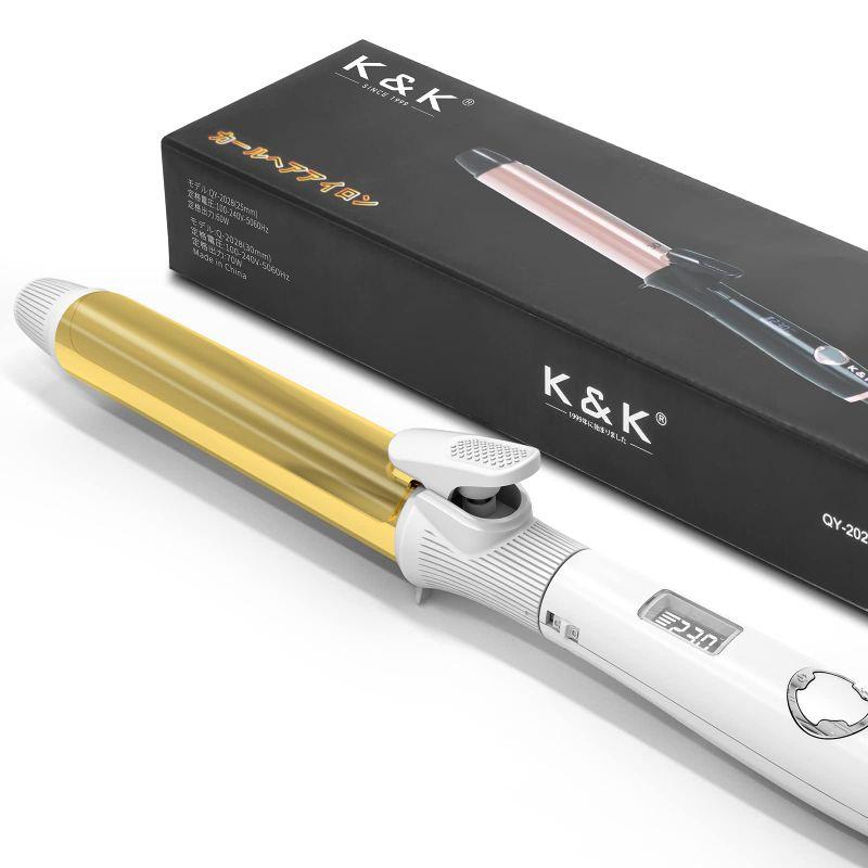 K&K ヘアカーリングワンド ヘアアイロン カール 25mm チタニウム プレート MAX 232°C LED表示 海外対応 PSE認証 ブ