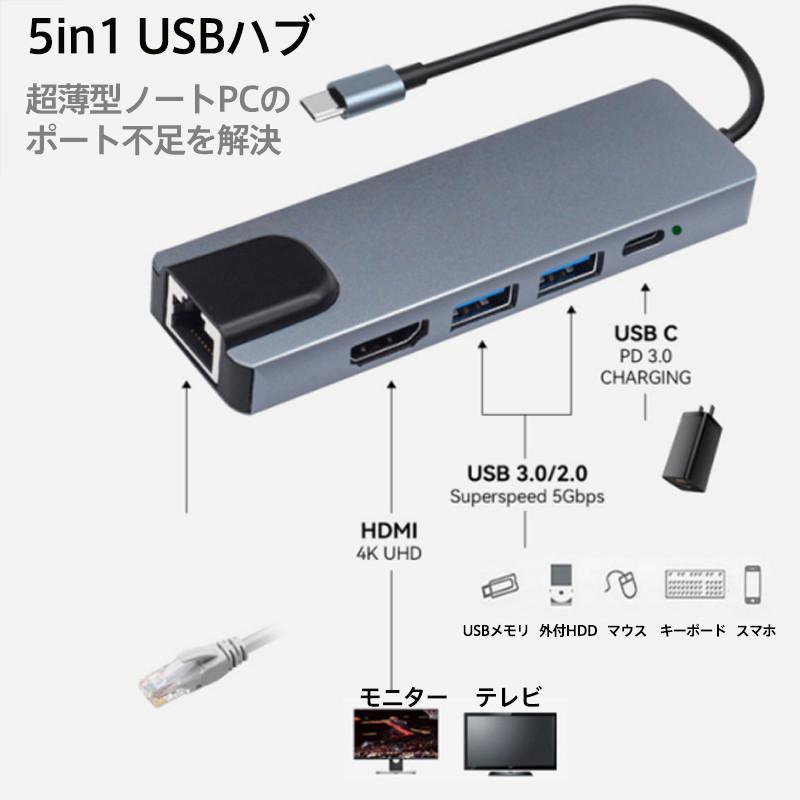 USBハブ 5in1 ドッキングステーション 5ポート PD充電 有線LAN 4K HDMI ギガポート LANポート イーサネット 変換アダプター｜lavenda27｜02