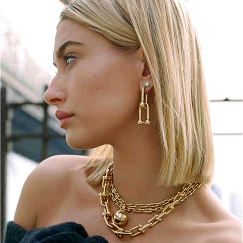 繋ぎ U字型 ピアス ごつい 男女兼用 チェーン 大ぶり ゴールド