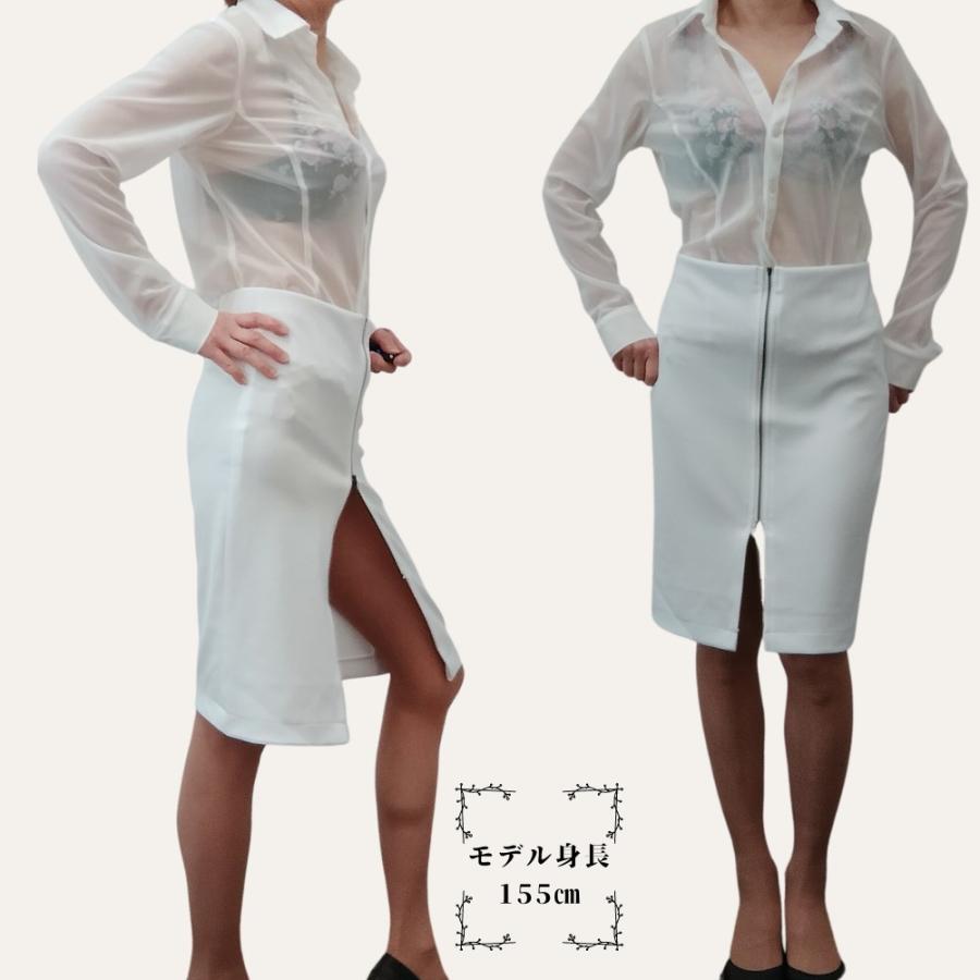 白 タイトスカート ひざ丈 スリット ストレッチ S/M/L 巻き風 透ける