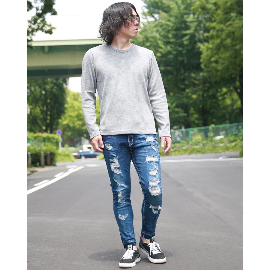 ロンT メンズ ワッフル サーマル ロングTシャツ インナー クルーネック Uネック 無地 ブラック グレー ホワイト メンズファッション 大人  カットソー |  | 07