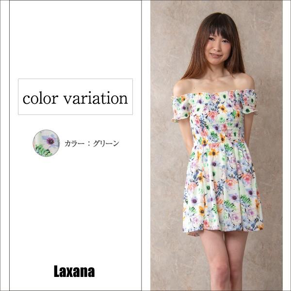 花柄オフショルダーワンピース レディース ワンピース オフショル 花柄 シャーリング 可愛い ミニ丈 ワンピ 夏 青 緑 E Laxana 通販 Yahoo ショッピング