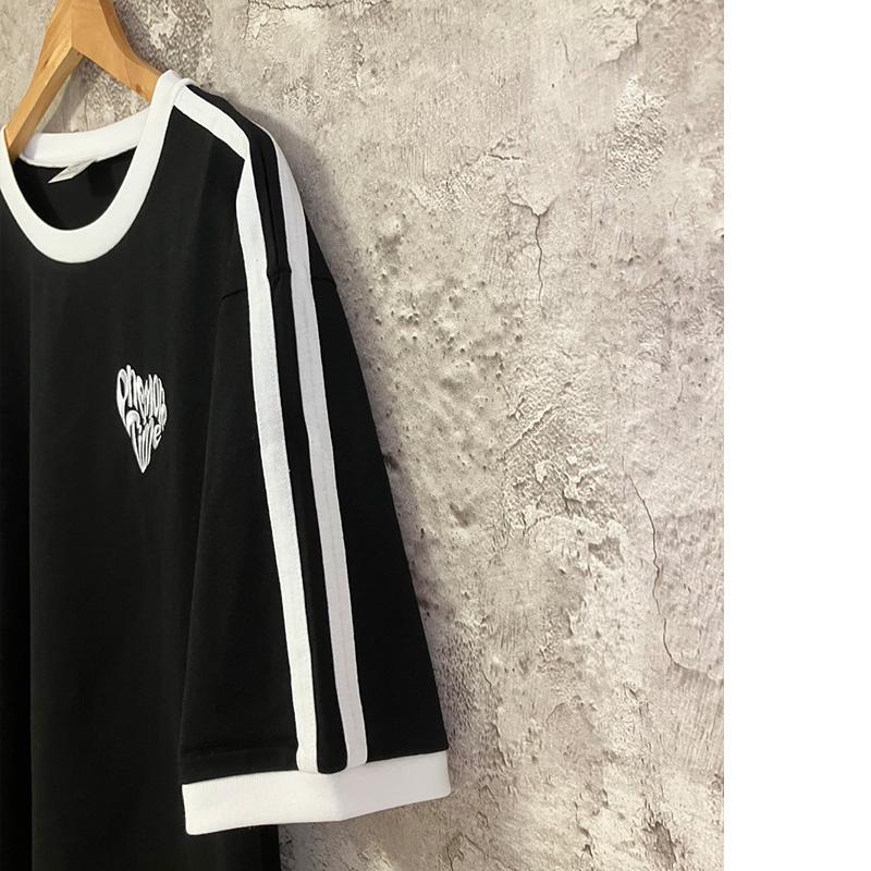 袖ライン 五分袖Tシャツ トリムTシャツ ハートロゴ刺繍 半袖