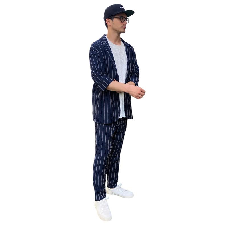 【LAXNY】楊柳ストライプ 七分袖テーラードジャケット イージースラックス セットアップ メンズ 夏 上下セット 涼感 清涼 大人カジュアル【送料無料】 |  | 17