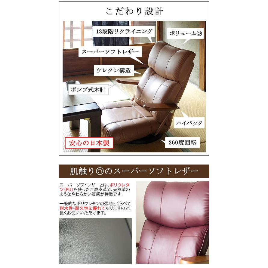 木肘スーパーソフトレザー座椅子座椅子 座イス 座いす フロアチェア リクライニング 13段階 回転座面 360度 ハイバック 1人掛け 一人掛け 完成品