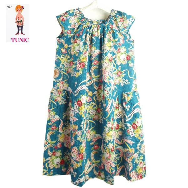 爆安プライス 日本製 Tunic チュニック 綿ローンサッカー素材 リボンローズプリントシリーズ フレンチ袖シャーリングワンピース かぶりスタイル M Lサイズ n 手数料安い Nooitmeergrasmaaien Be