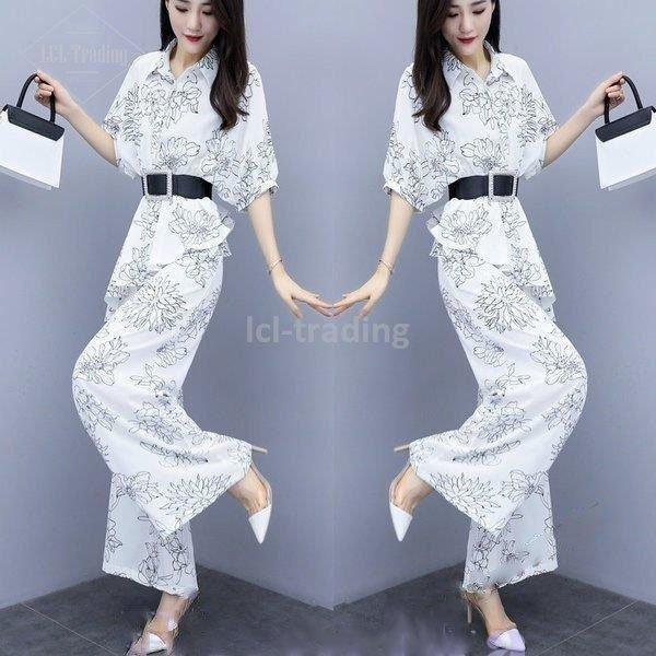 セットアップ レディース 40代 半袖 春 夏 きれいめ おしゃれ 上下セット オールインワン ワイドパンツ ブラウス 花柄 ベルト付き 着痩せ 二次会 結婚式 30代 海外正規品