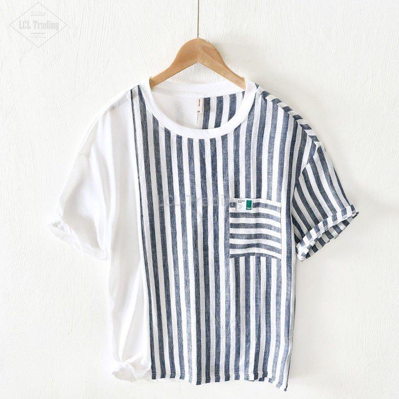 リネンtシャツ メンズ 麻tシャツ 半袖 カジュアル トップス ストライプ柄 薄手 涼しい 白 軽い