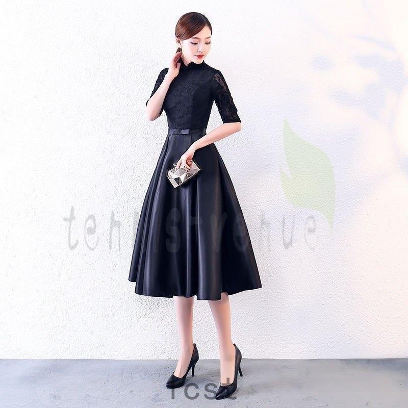 パーティードレス レディース チャイナ風 Aラインワンピース 演奏会 五分袖 エレガンス ミモレ丈 二次会ドレス 披露宴 ウェディング 発表会 ドレス Khzlgjfnyl Limpiexpress Com