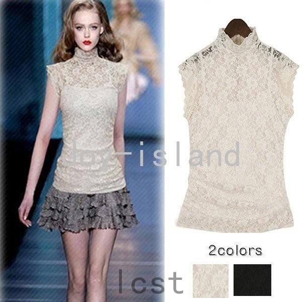 レーストップス ブラウス 花柄 刺繍 ハイネック ノースリーブ キャミソール付属 パンチング 透け感 チラ見せ レース 最大10 Offクーポン