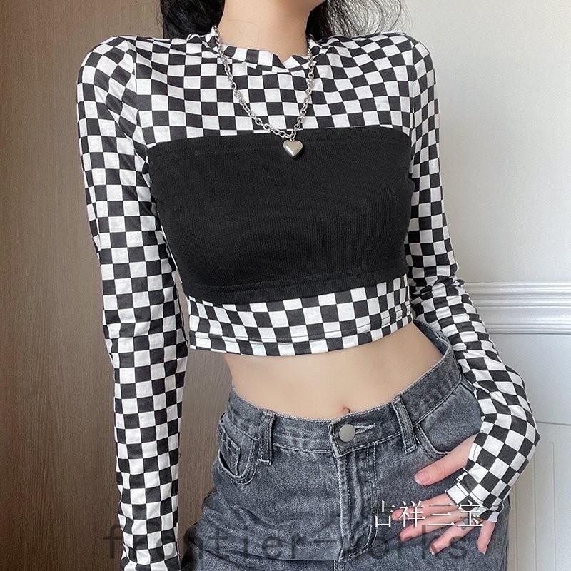 激安 新作 ヒップホップ 衣装 ダンス トップス モノトーン 長袖 ブロックチェック柄 ベリーショート丈パーカー コスチューム 原宿系 服 個性的 韓国 ファッション パーカー サイズ L Www We Job Com